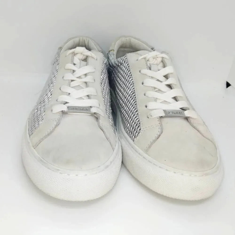 JSlides NYC Designer Womens Pre-owned Wht/Silver Textured Leather Sneakers-sz. 7